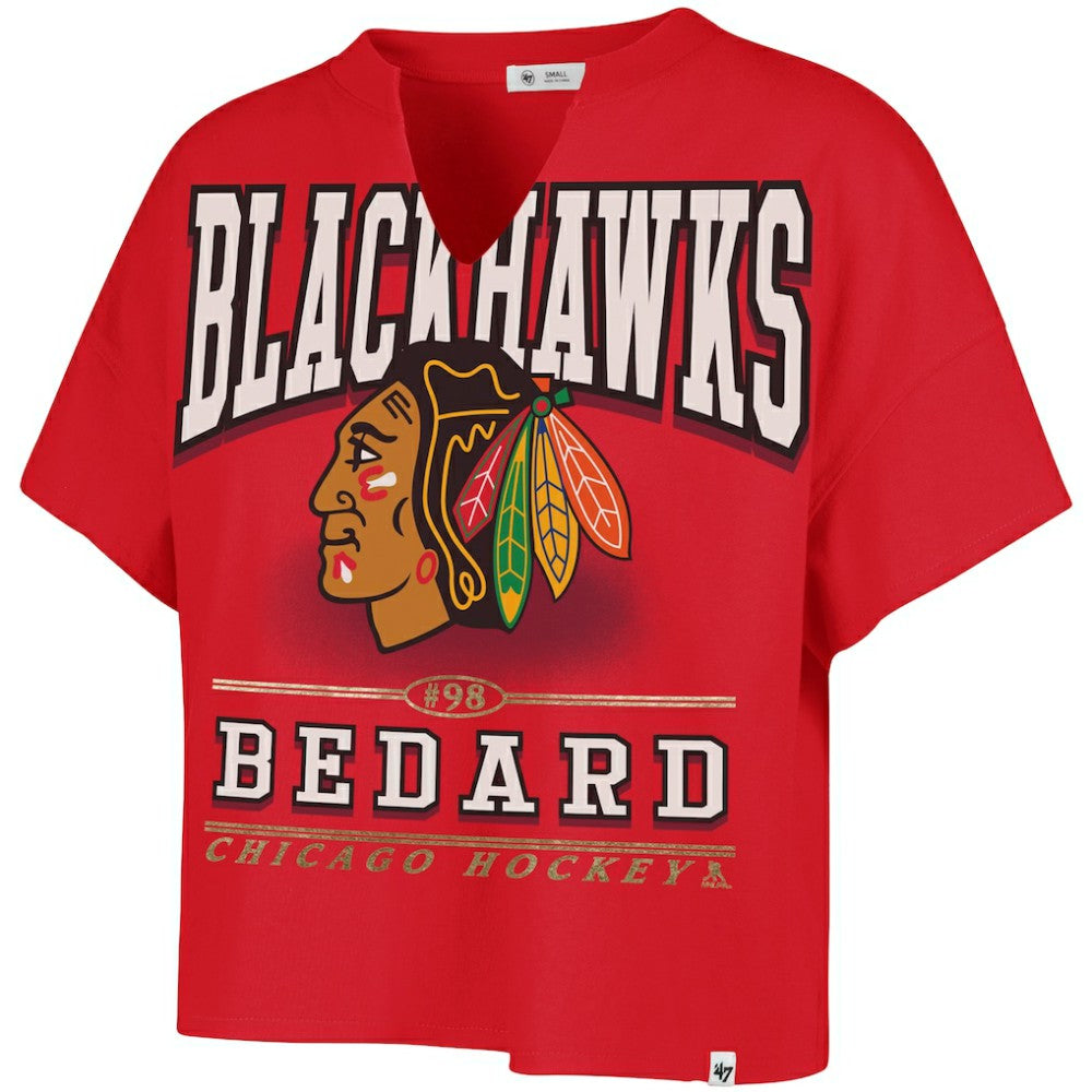 Connor Bedard Chicago Blackhawks '47 Women's Elation Name & Number Oversized Notch Neck T-Shirt - Red - NHL