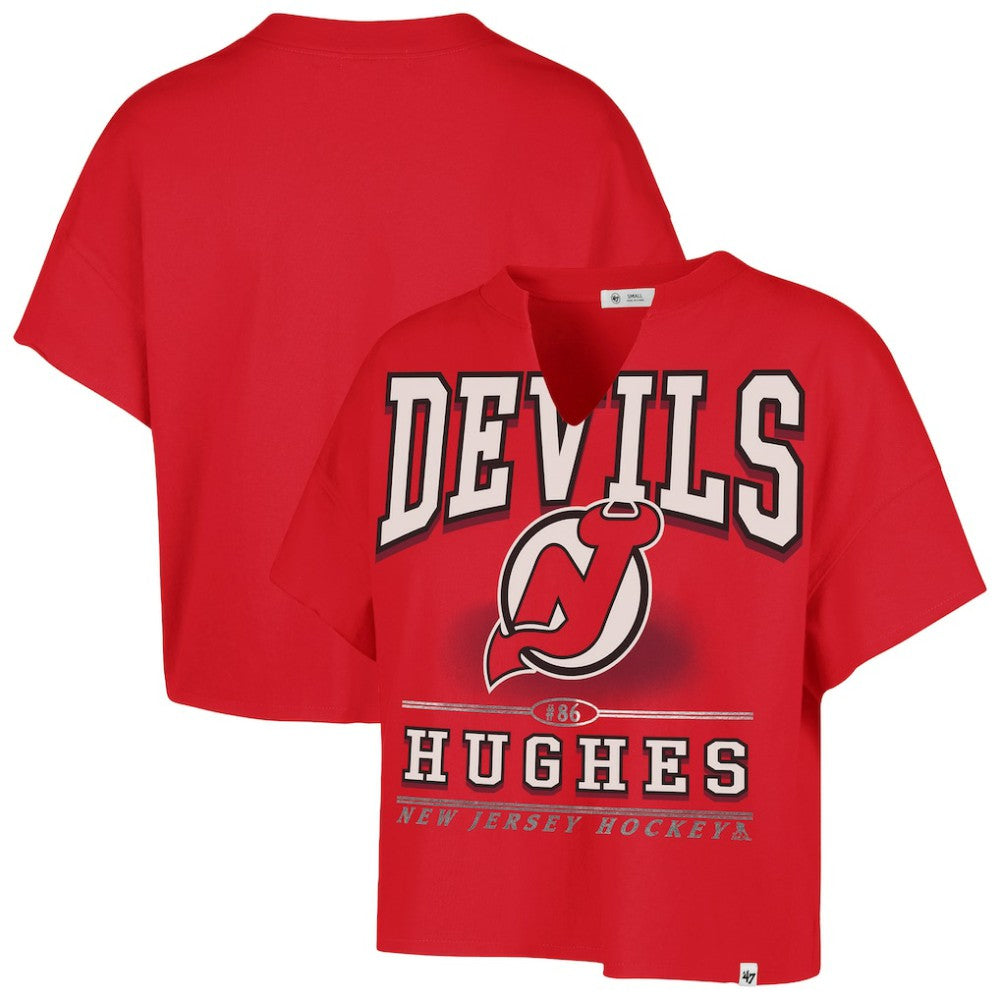 Jack Hughes New Jersey Devils '47 Women's Elation Name & Number Oversized Notch Neck T-Shirt - Red - NHL
