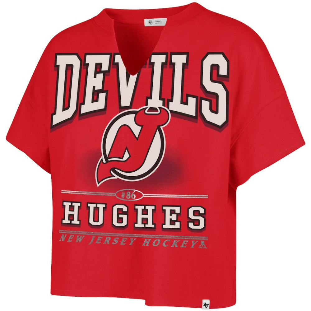 Jack Hughes New Jersey Devils '47 Women's Elation Name & Number Oversized Notch Neck T-Shirt - Red - NHL