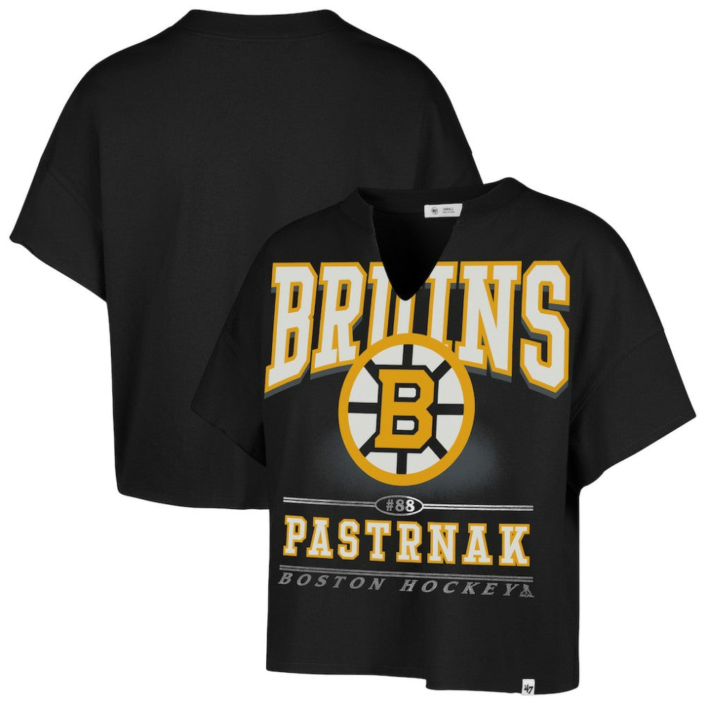 David Pastrnak Boston Bruins '47 Women's Elation Name & Number Oversized Notch Neck T-Shirt - Black - NHL