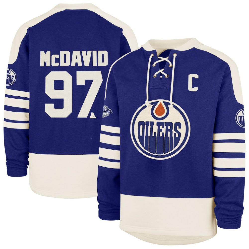Connor McDavid Edmonton Oilers '47 Player Name & Number Sweep Check Eternal Lacer Sweatshirt - Royal - NHL