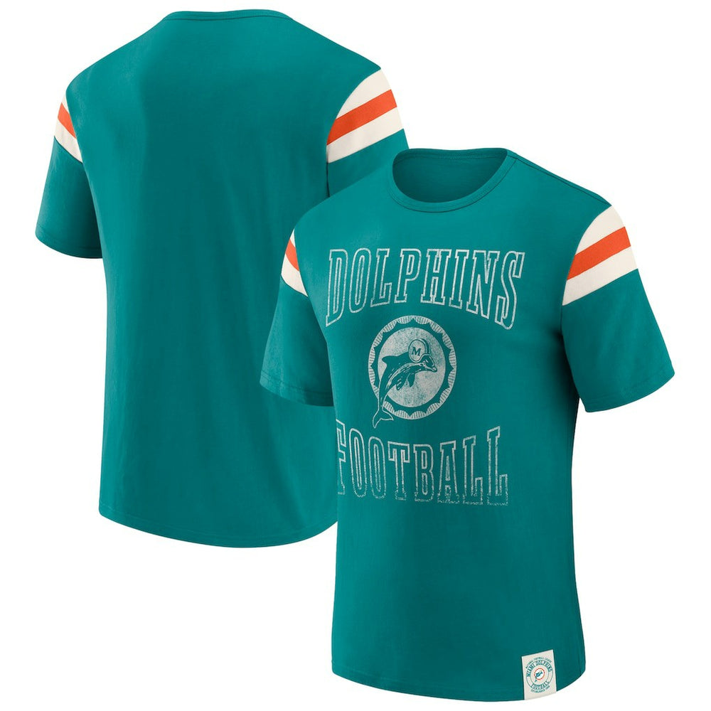 Miami Dolphins Darius Rucker Collection Distressed Throwback Shoulder Stripe T-Shirt Aqua | Fanatics