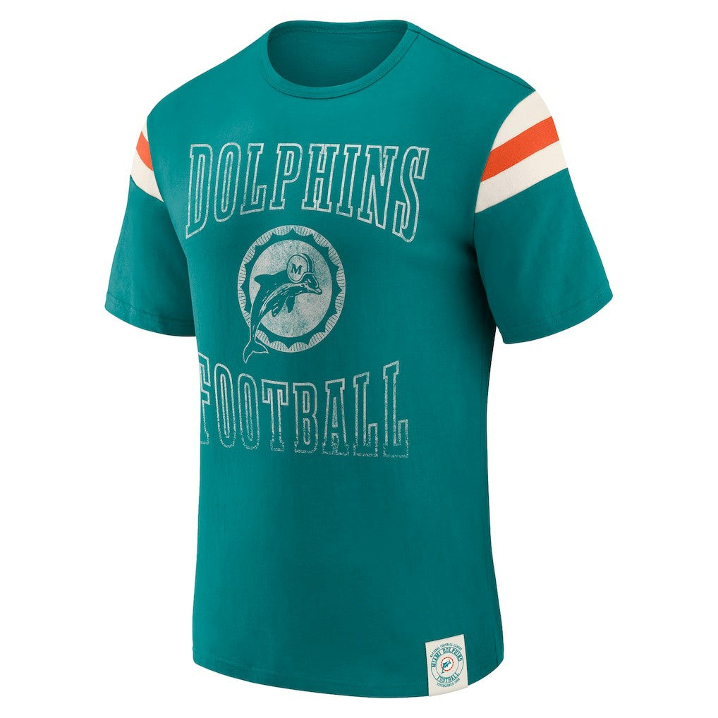 Miami Dolphins Darius Rucker Collection Distressed Throwback Shoulder Stripe T-Shirt Aqua | Fanatics