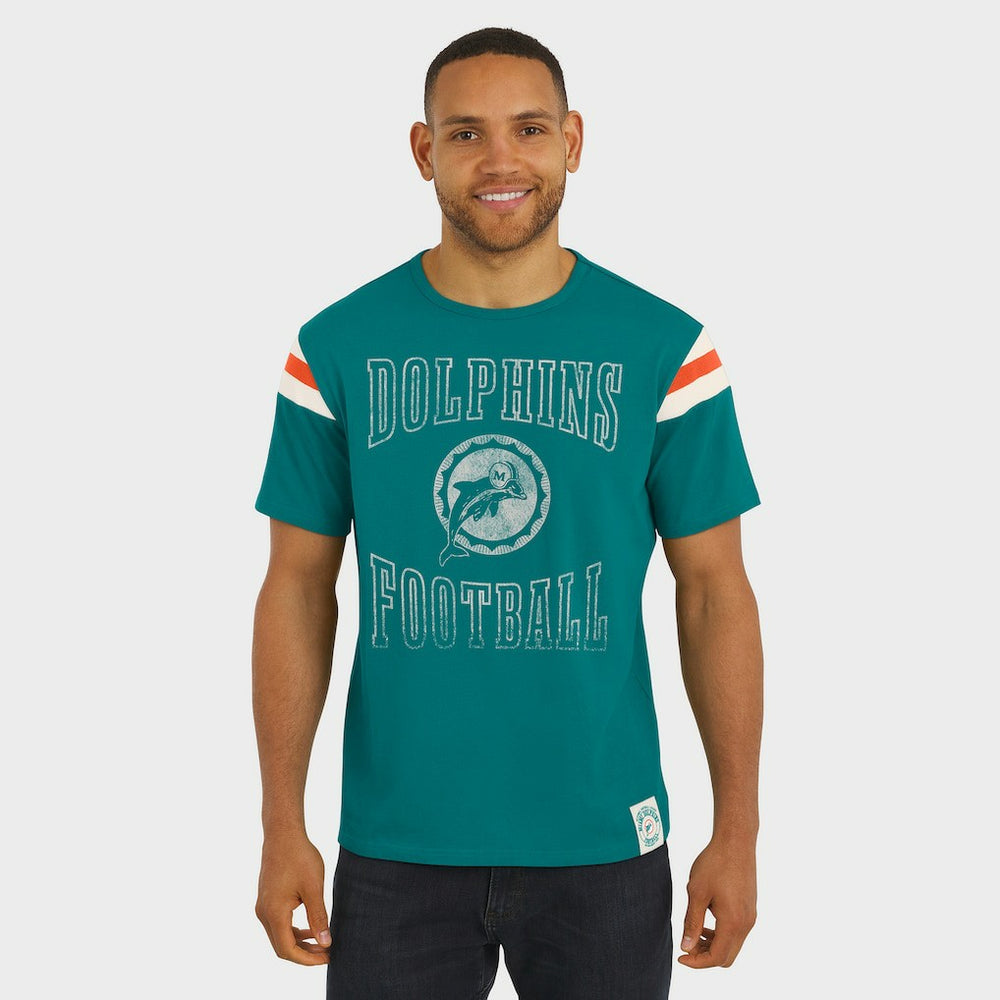 Miami Dolphins Darius Rucker Collection Distressed Throwback Shoulder Stripe T-Shirt Aqua | Fanatics
