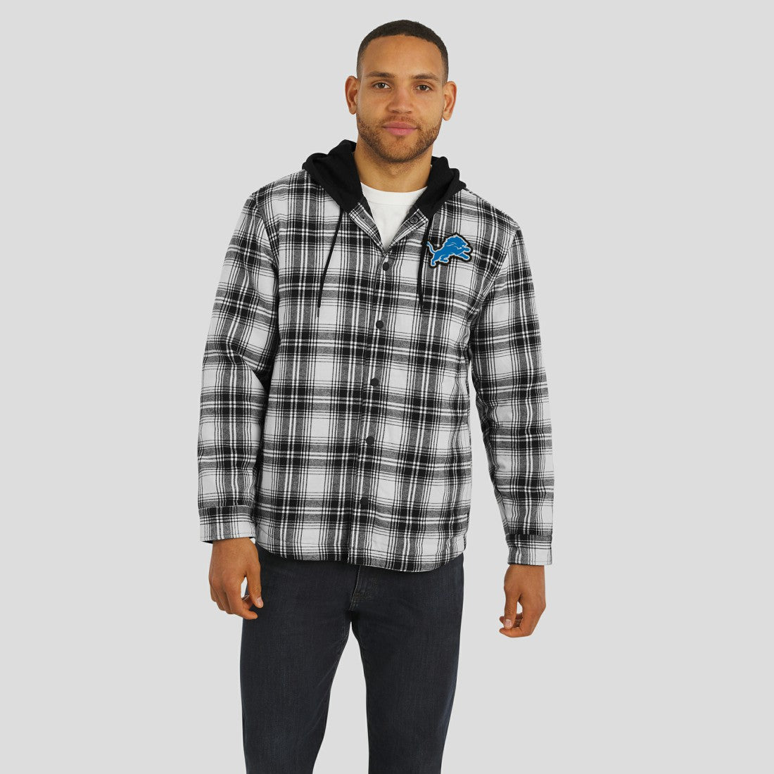 Detroit Lions NFL x Darius Rucker Collection Plaid Flannel Quilted Full-Snap Hooded Shacket Black | Fanatics