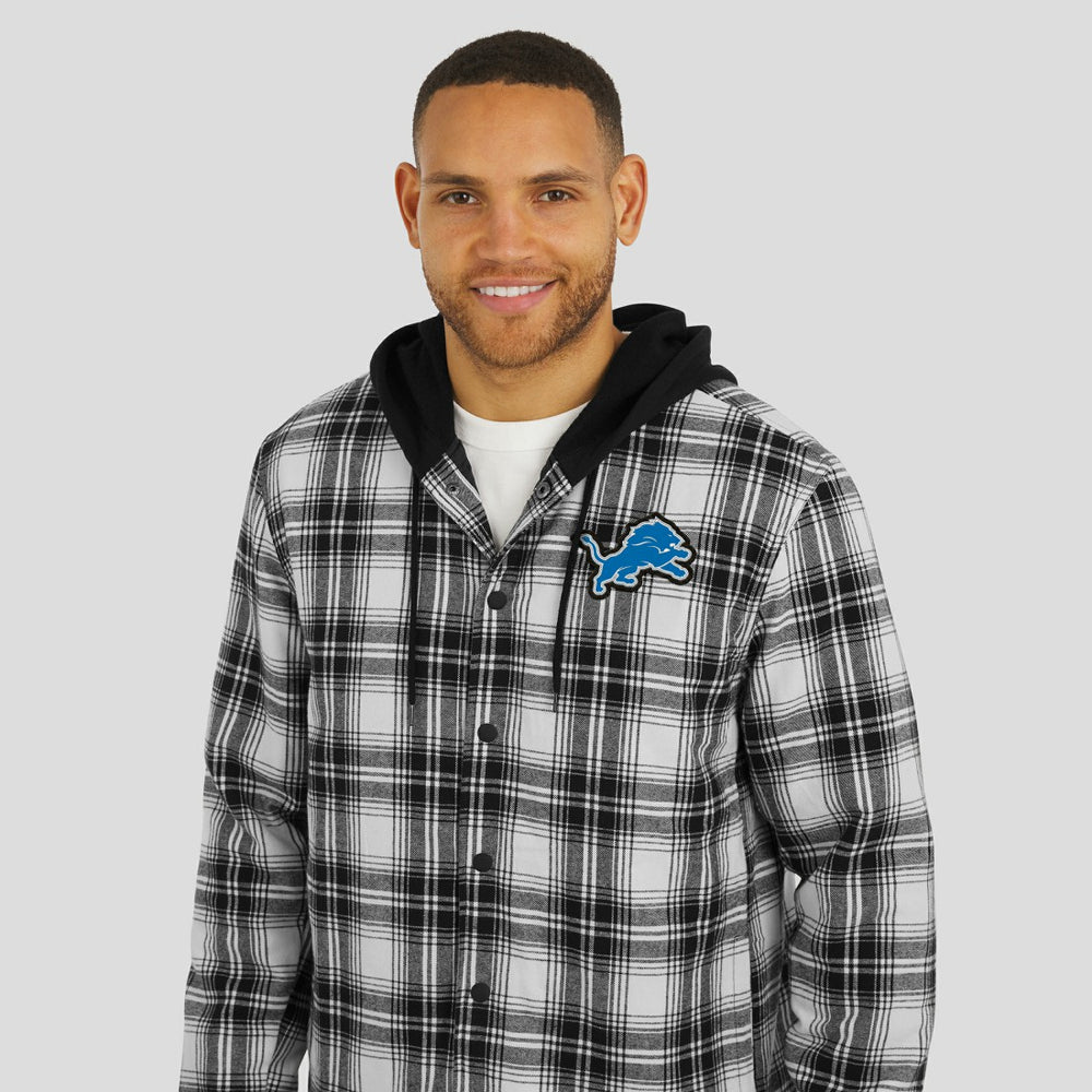 Detroit Lions NFL x Darius Rucker Collection Plaid Flannel Quilted Full-Snap Hooded Shacket Black | Fanatics