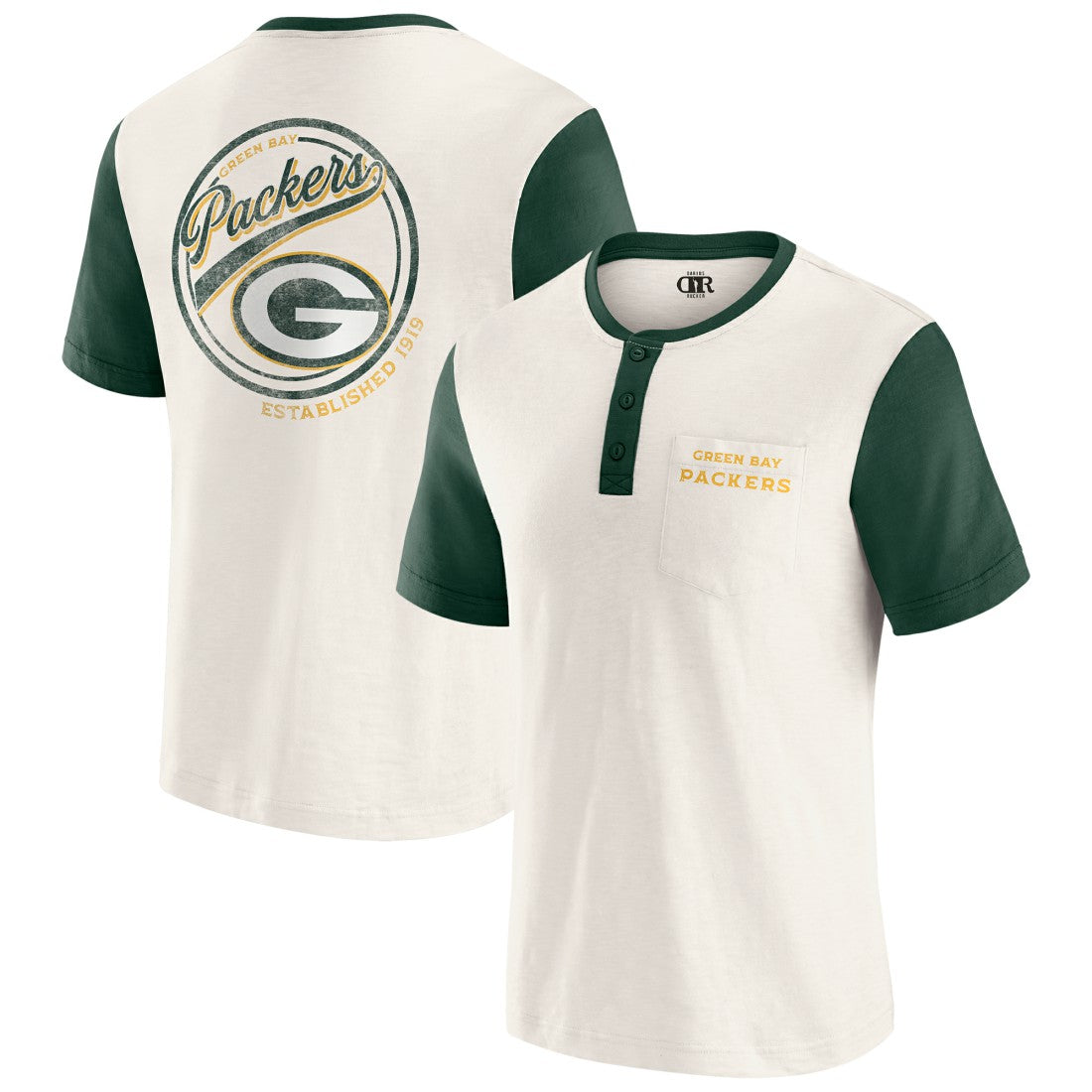 Green Bay Packers Darius Rucker Collection Henley Colorblock Slub Pocket T-Shirt Cream | Fanatics