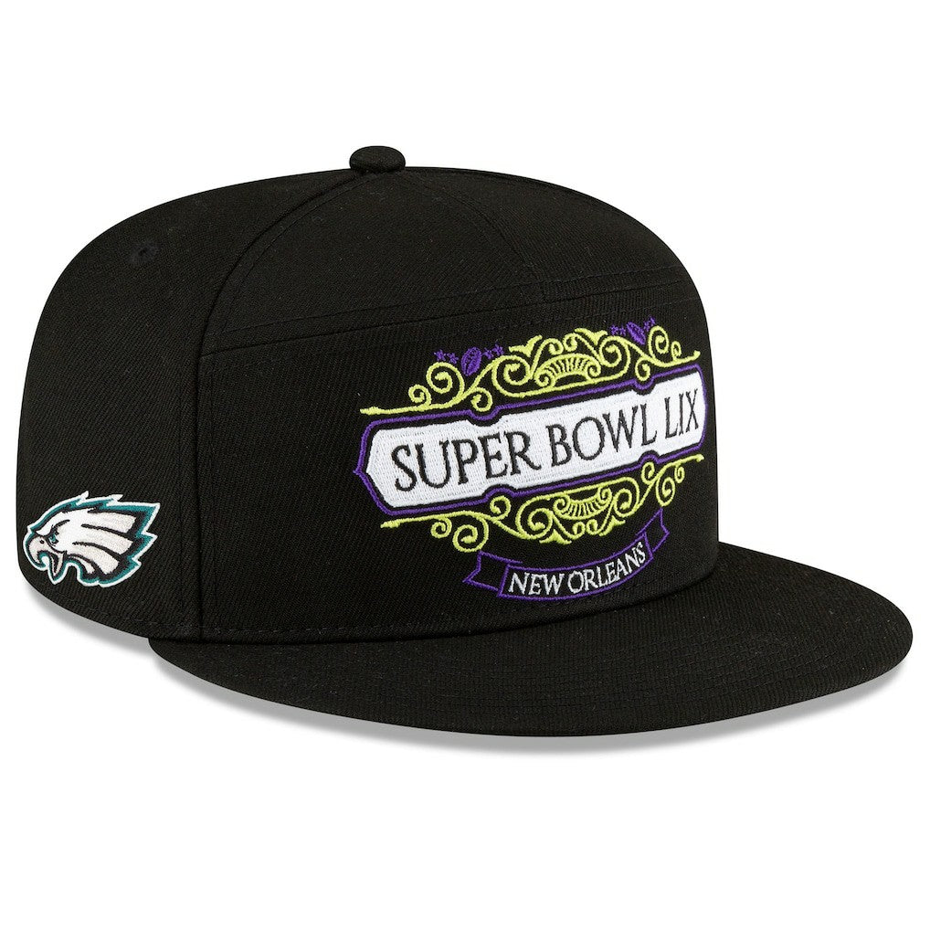 Philadelphia Eagles New Era Super Bowl LIX Tarmac Split Panel 9FIFTY Snapback Hat Black | NFL