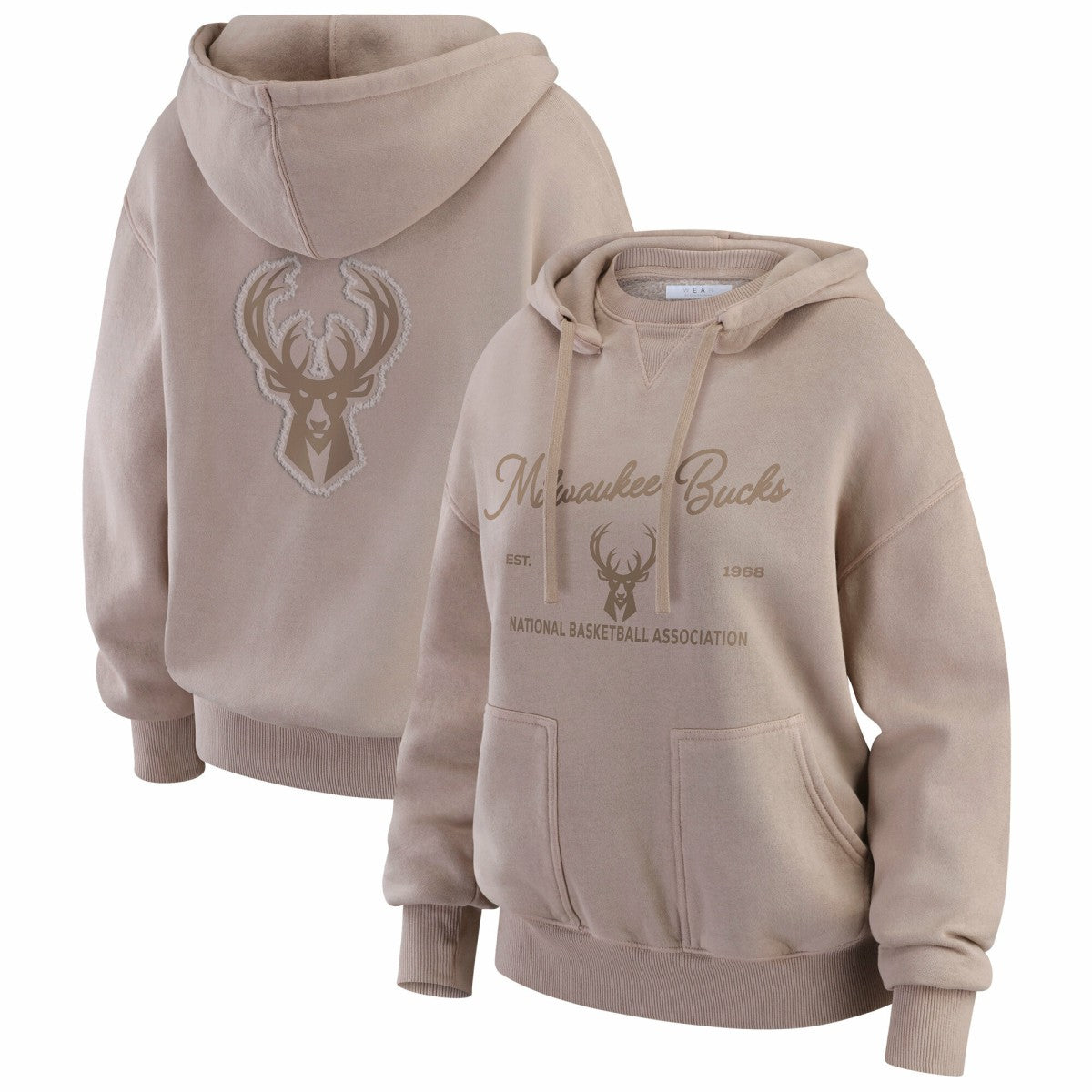 Milwaukee Bucks WEAR by Erin Andrews Women's Washed Pullover Crewdie Tan - NBA