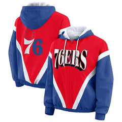 Philadelphia 76ers WEAR by Erin Andrews Women's Colorblock Full-Zip Hoodie Windbreaker Jacket Red/Royal - NBA