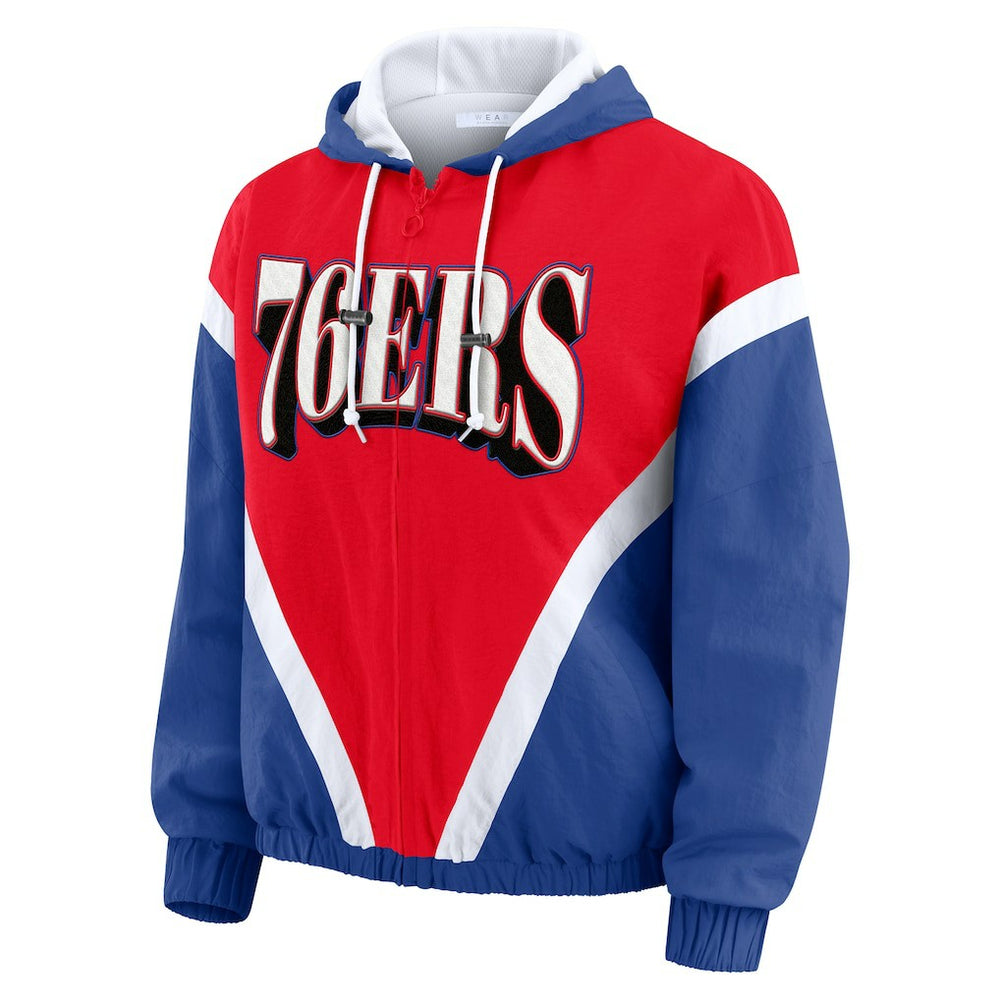 Philadelphia 76ers WEAR by Erin Andrews Women's Colorblock Full-Zip Hoodie Windbreaker Jacket Red/Royal - NBA