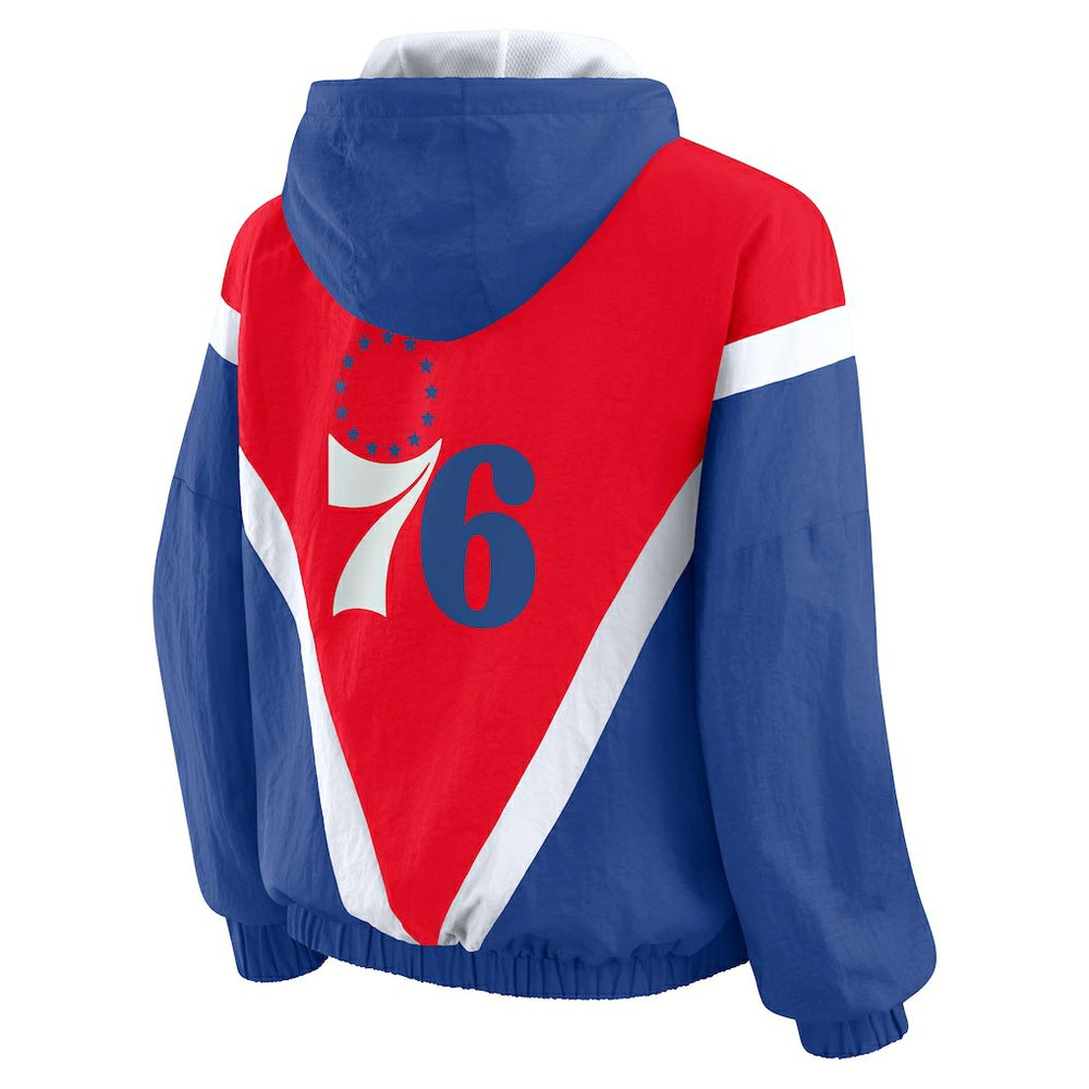 Philadelphia 76ers WEAR by Erin Andrews Women's Colorblock Full-Zip Hoodie Windbreaker Jacket Red/Royal - NBA