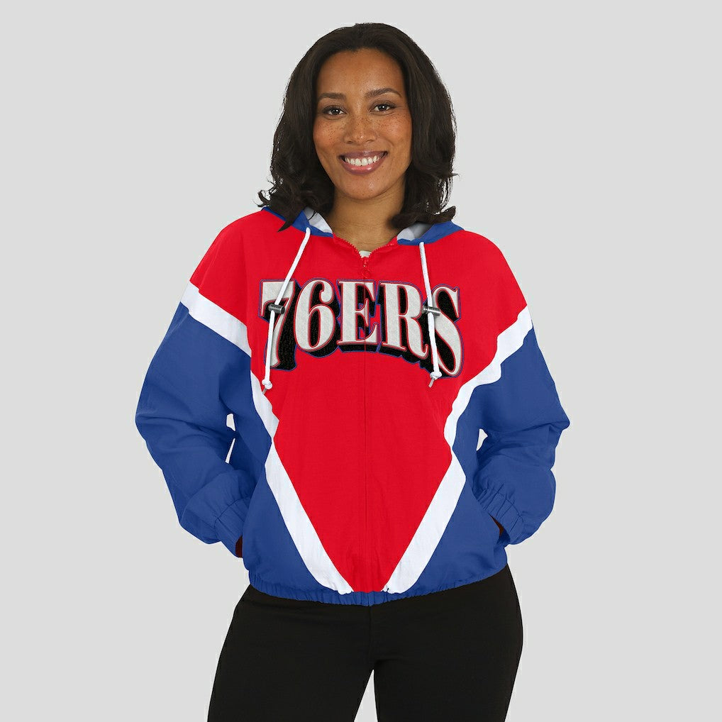 Philadelphia 76ers WEAR by Erin Andrews Women's Colorblock Full-Zip Hoodie Windbreaker Jacket Red/Royal - NBA