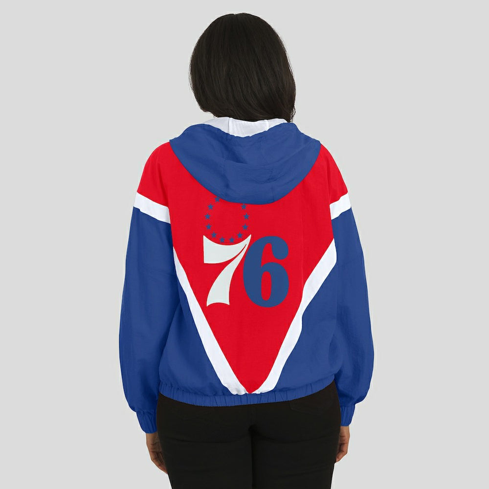 Philadelphia 76ers WEAR by Erin Andrews Women's Colorblock Full-Zip Hoodie Windbreaker Jacket Red/Royal - NBA