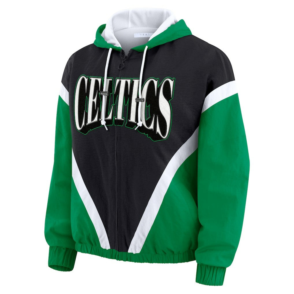 Boston Celtics WEAR by Erin Andrews Women's Colorblock Full-Zip Hoodie Windbreaker Jacket Black/Kelly Green - NBA