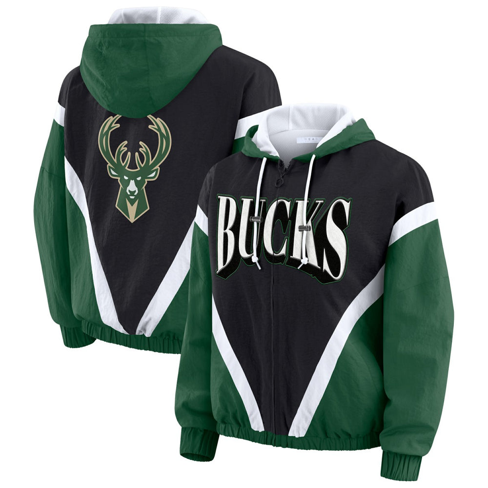 Milwaukee Bucks WEAR by Erin Andrews Women's Colorblock Full-Zip Hoodie Windbreaker Jacket Black/Hunter Green - NBA