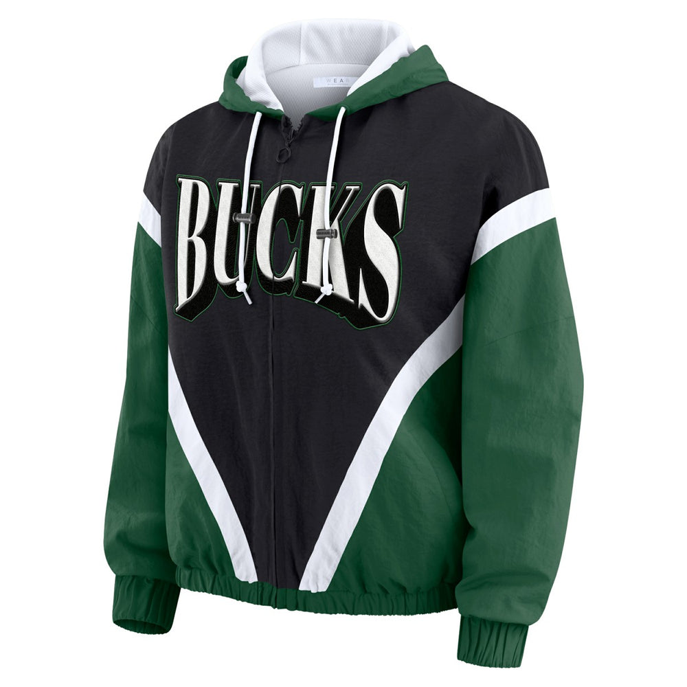 Milwaukee Bucks WEAR by Erin Andrews Women's Colorblock Full-Zip Hoodie Windbreaker Jacket Black/Hunter Green - NBA