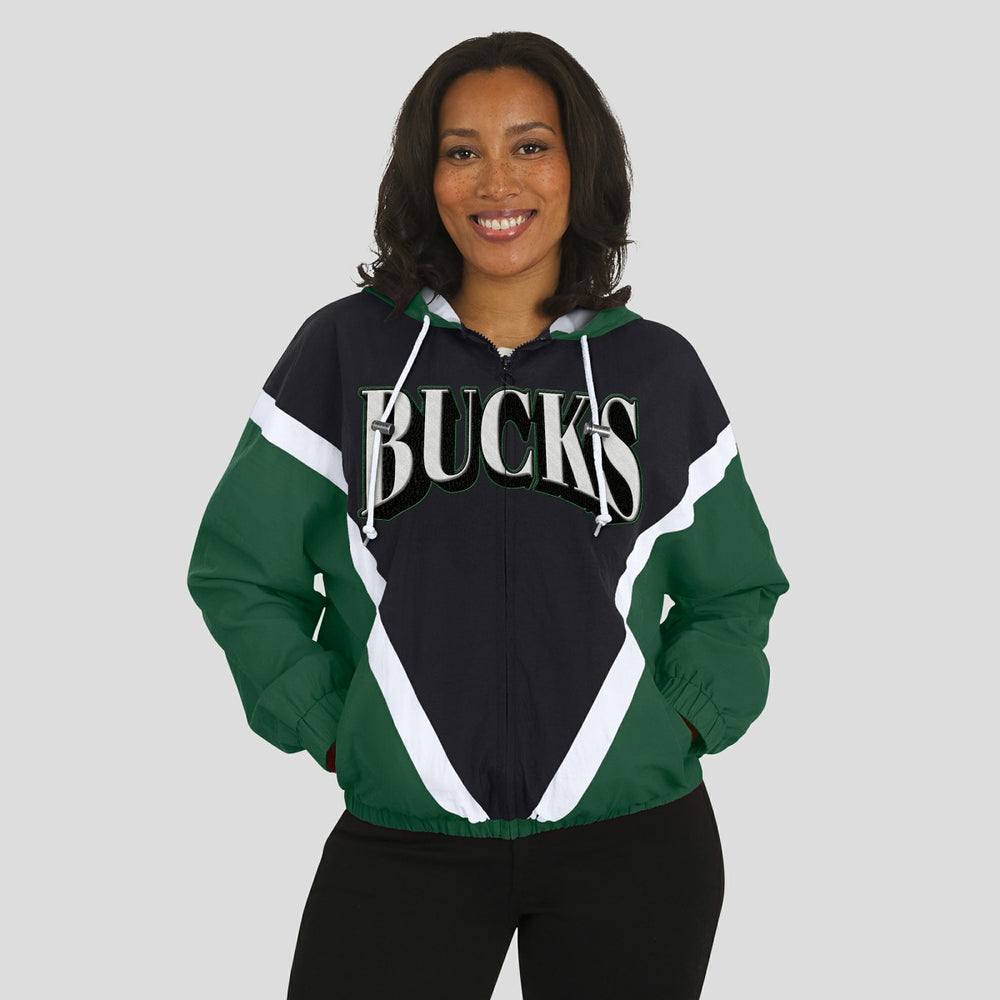 Milwaukee Bucks WEAR by Erin Andrews Women's Colorblock Full-Zip Hoodie Windbreaker Jacket Black/Hunter Green - NBA