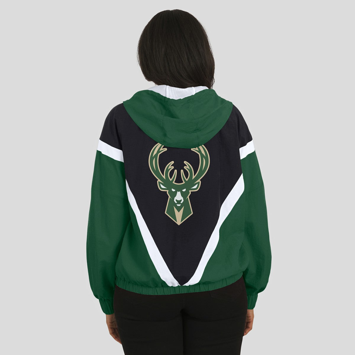 Milwaukee Bucks WEAR by Erin Andrews Women's Colorblock Full-Zip Hoodie Windbreaker Jacket Black/Hunter Green - NBA