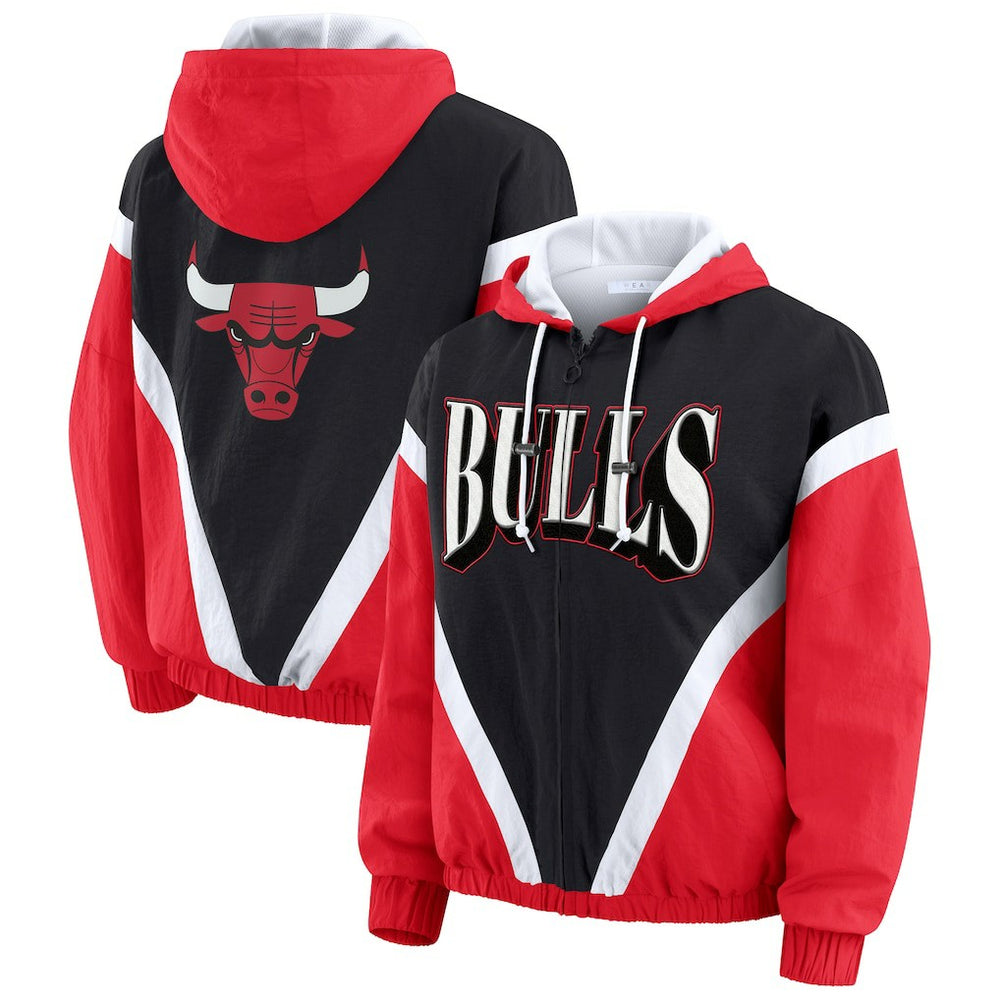 Chicago Bulls WEAR by Erin Andrews Women's Colorblock Full-Zip Hoodie Windbreaker Jacket Black/Red - NBA