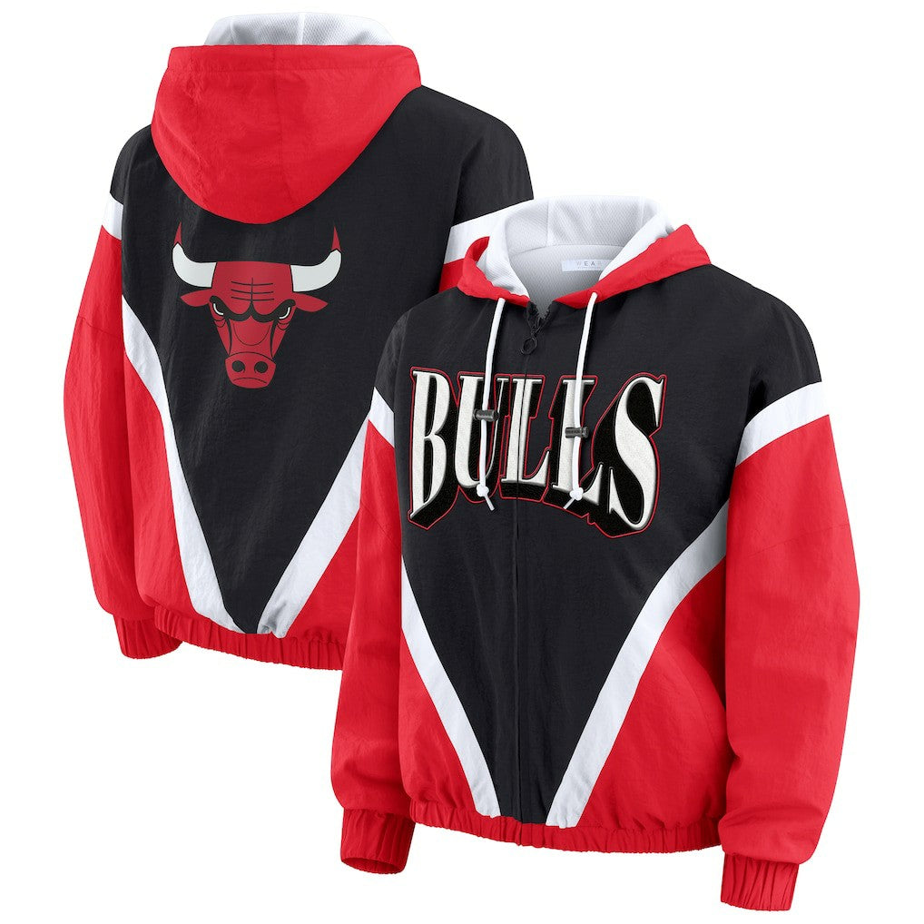 Chicago Bulls WEAR by Erin Andrews Women's Colorblock Full-Zip Hoodie Windbreaker Jacket Black/Red - NBA