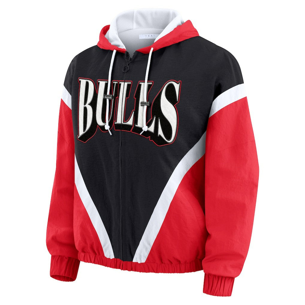 Chicago Bulls WEAR by Erin Andrews Women's Colorblock Full-Zip Hoodie Windbreaker Jacket Black/Red - NBA