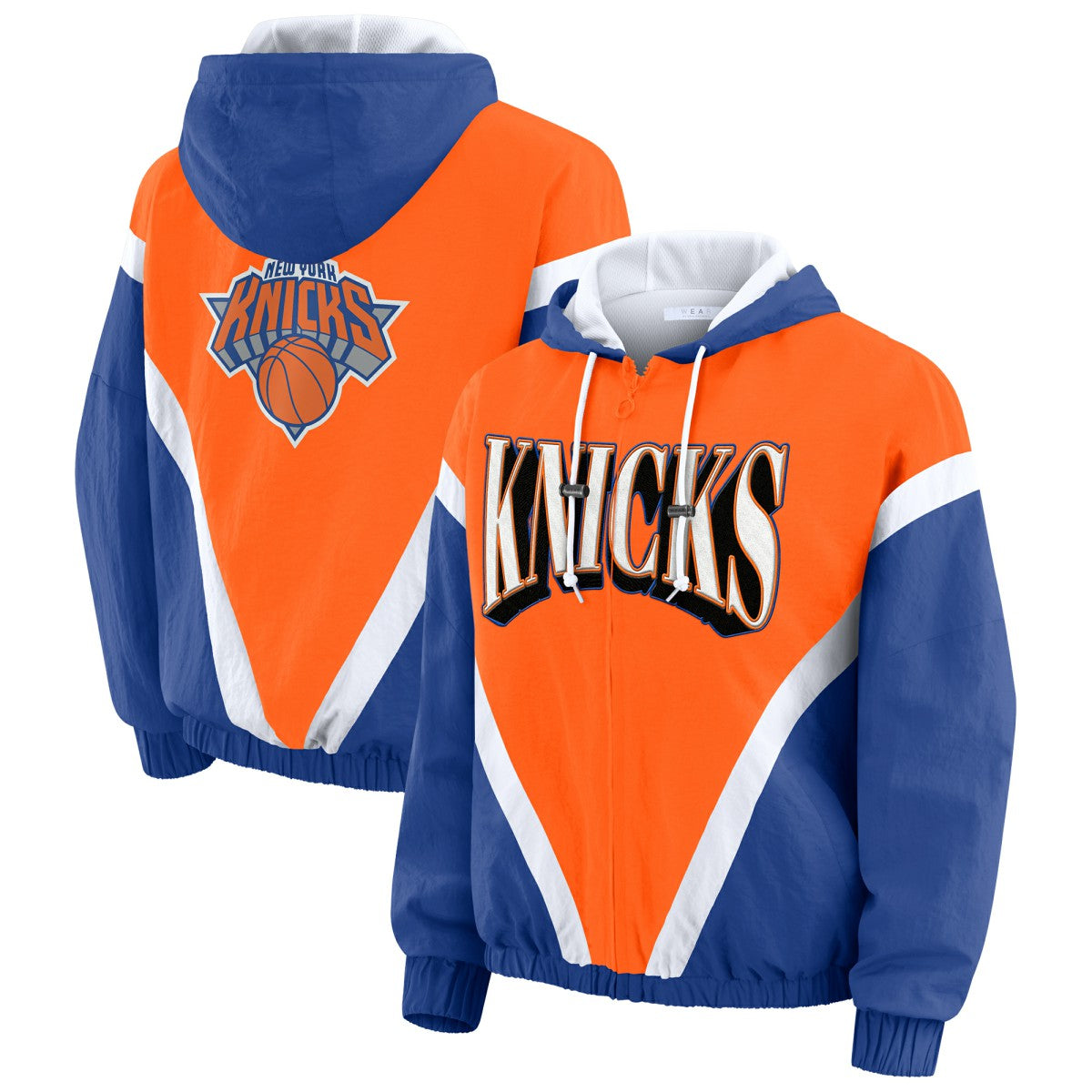 New York Knicks WEAR by Erin Andrews Women's Colorblock Full-Zip Hoodie Windbreaker Jacket Orange/Royal - NBA
