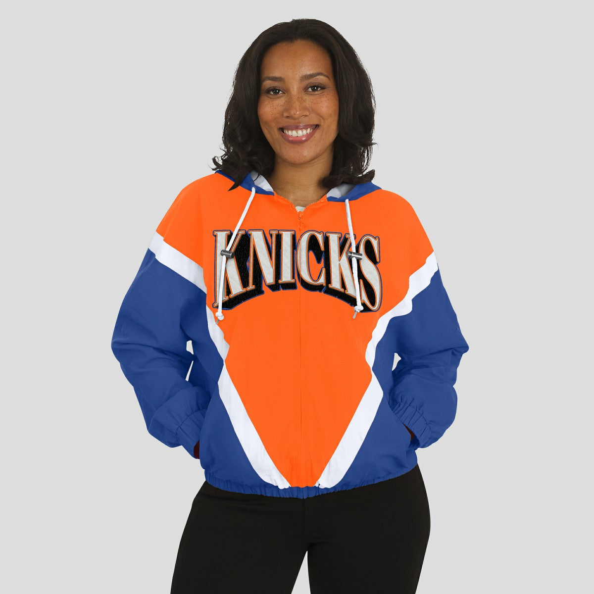 New York Knicks WEAR by Erin Andrews Women's Colorblock Full-Zip Hoodie Windbreaker Jacket Orange/Royal - NBA