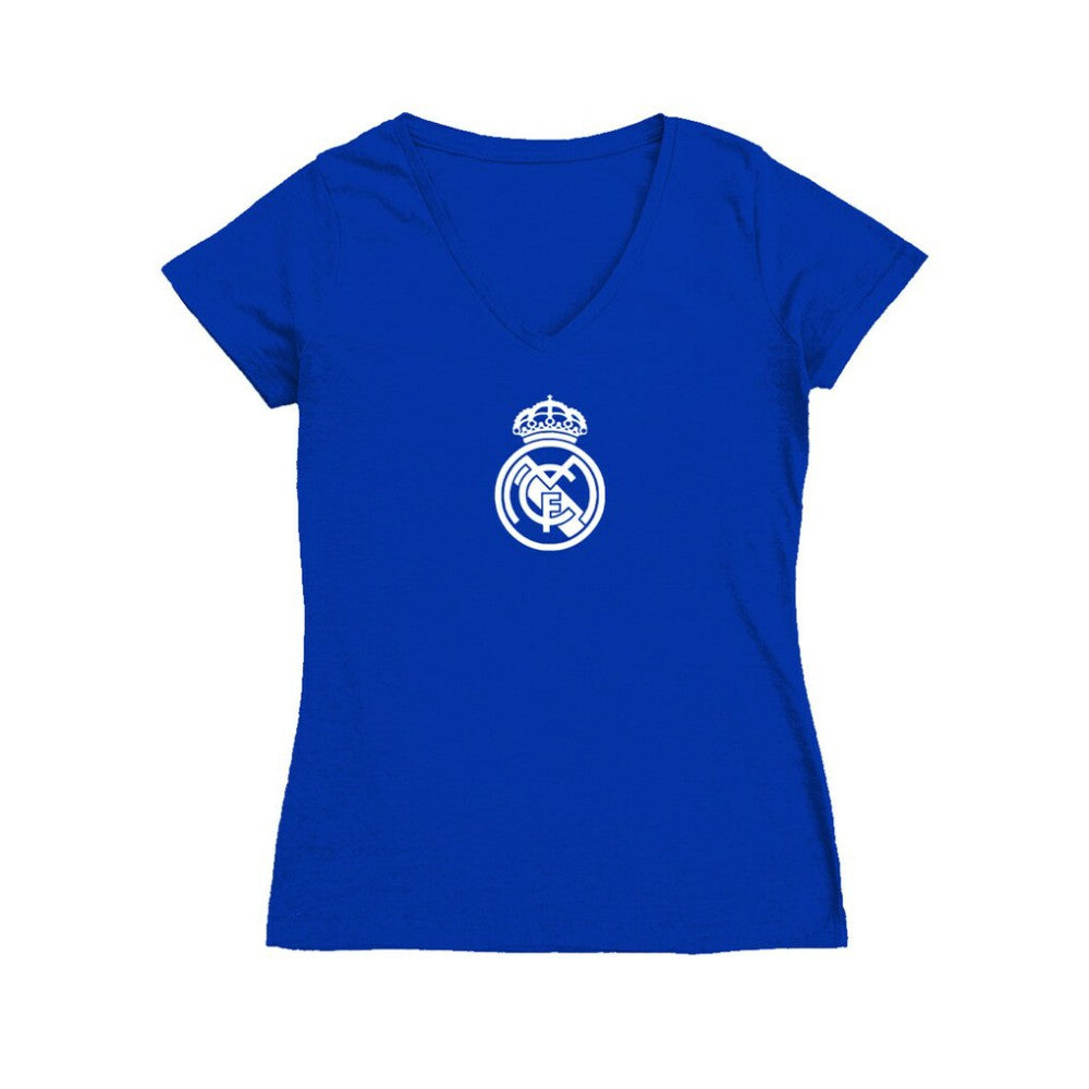 Real Madrid Vive La Fete Women's Color Badge V-Neck Fitted T-Shirt Royal - FIFA World CUP