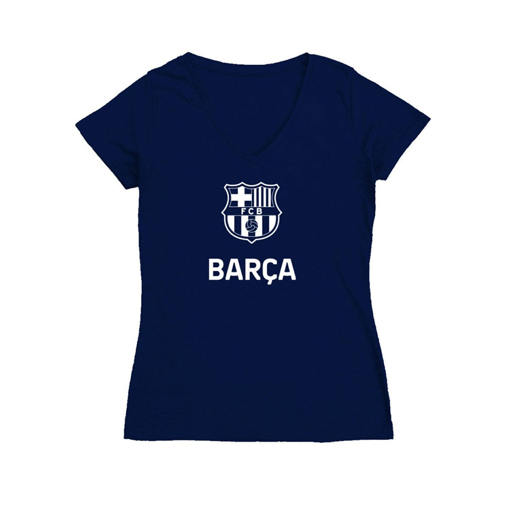 Barcelona Vive La Fete Women's Color Badge V-Neck Fitted T-Shirt Navy - FIFA World CUP