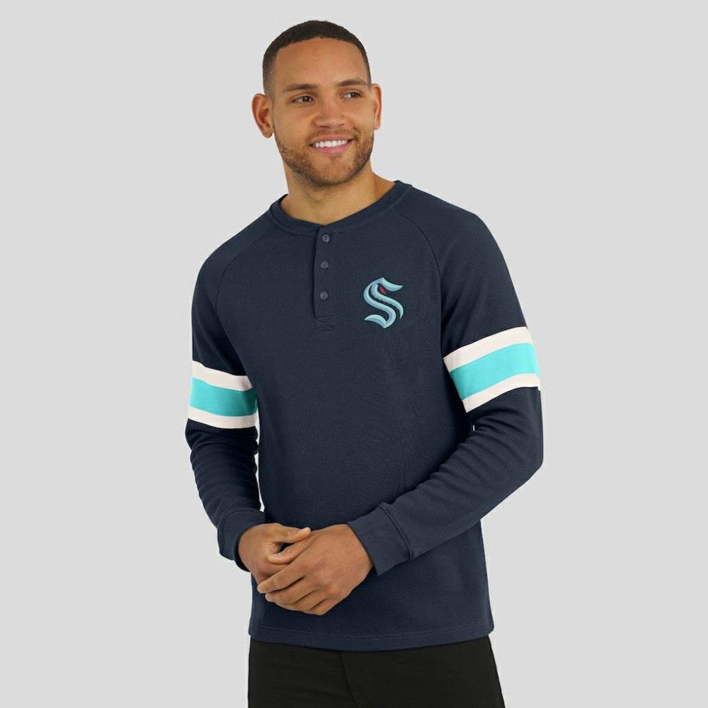 Seattle Kraken Darius Rucker Collection by Fanatics Waffle-Knit Raglan Long Sleeve Henley T-Shirt - Deep Sea Blue - NHL