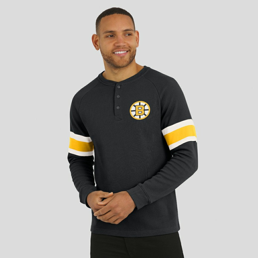 Boston Bruins Darius Rucker Collection by Fanatics Waffle-Knit Raglan Long Sleeve Henley T-Shirt - Black - NHL
