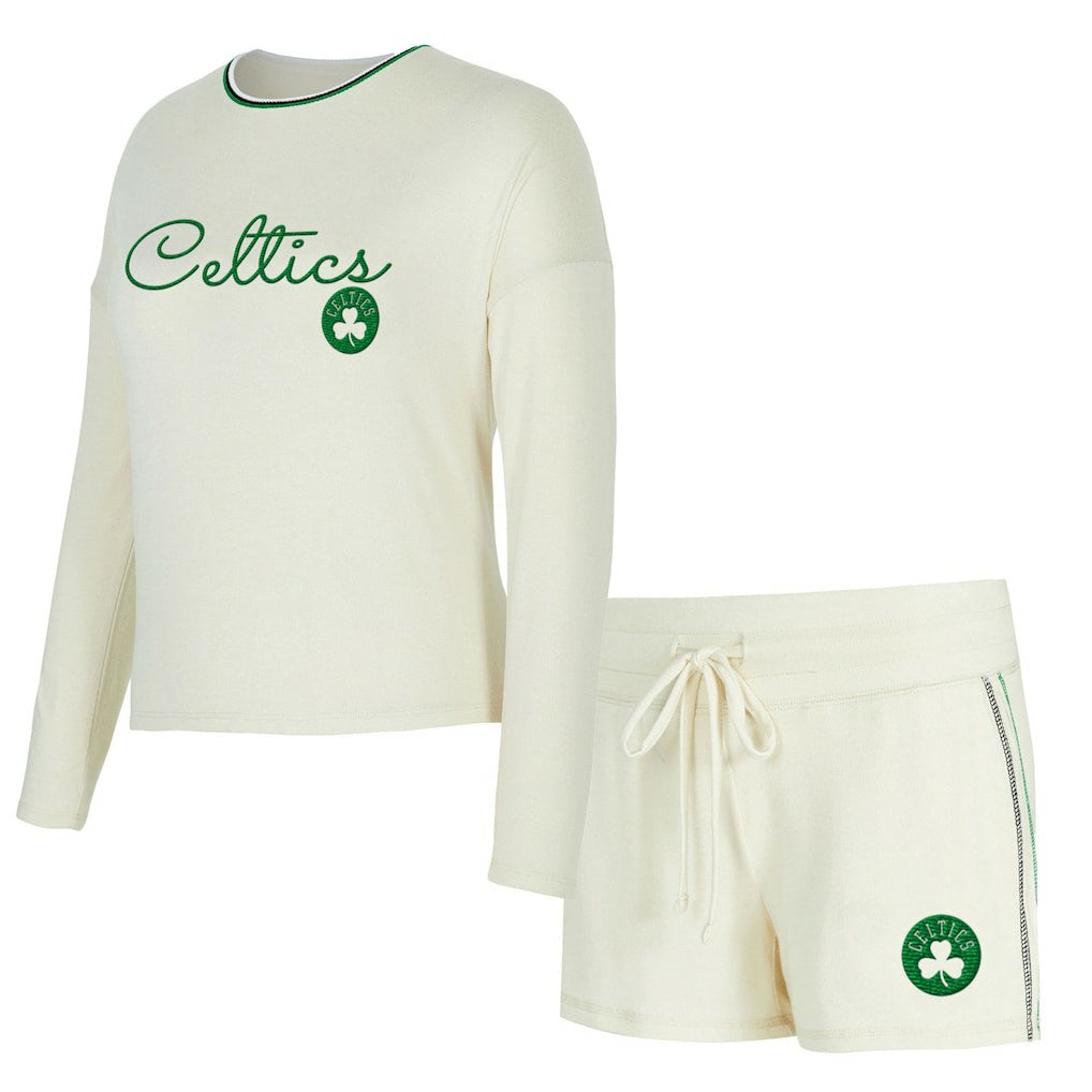 Boston Celtics Concepts Sport Women's Kaki Hacci Knit Long Sleeve Top & Shorts Set Cream - NBA