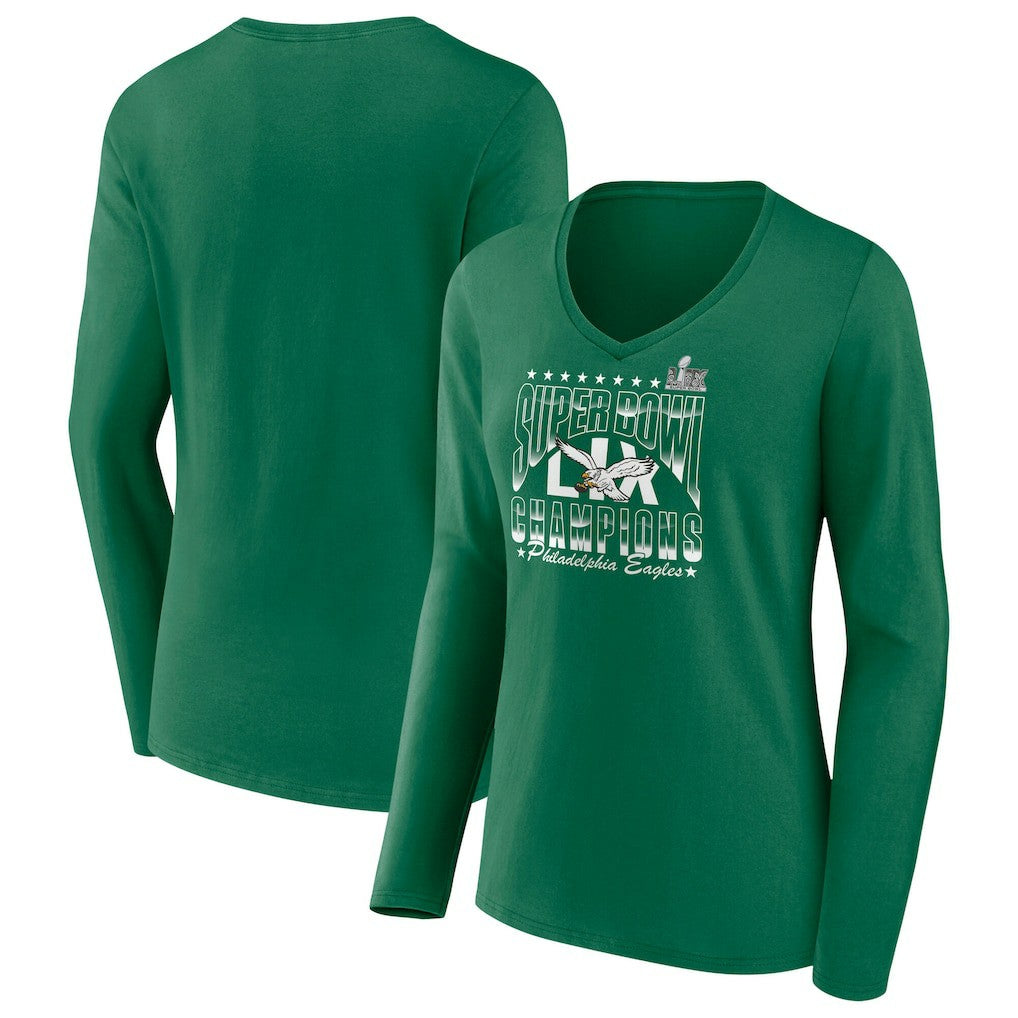 Philadelphia Eagles Women's Super Bowl LIX Champions Retro Logo Long Sleeve V-Neck T-Shirt Kelly Green | Fanatics