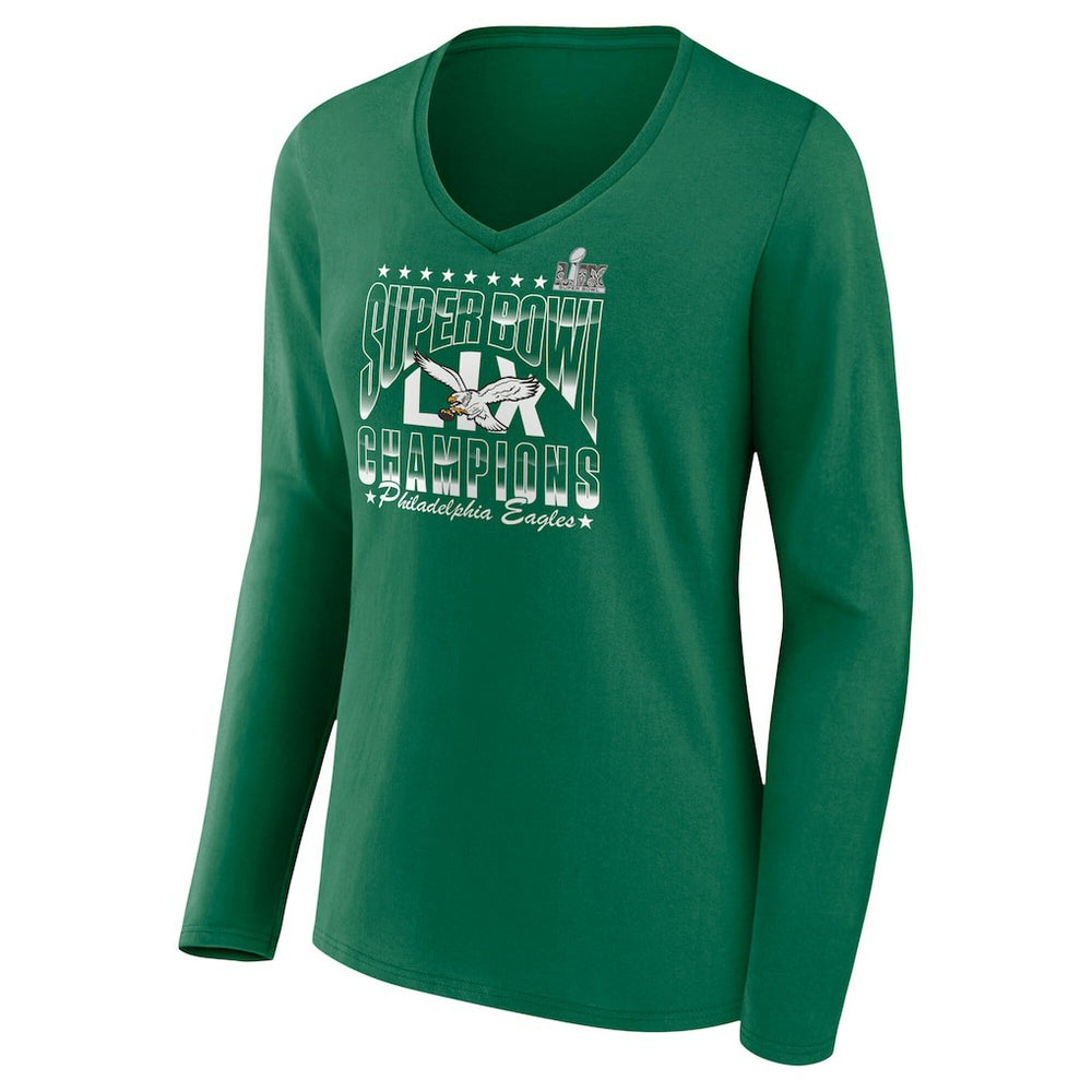 Philadelphia Eagles Women's Super Bowl LIX Champions Retro Logo Long Sleeve V-Neck T-Shirt Kelly Green | Fanatics