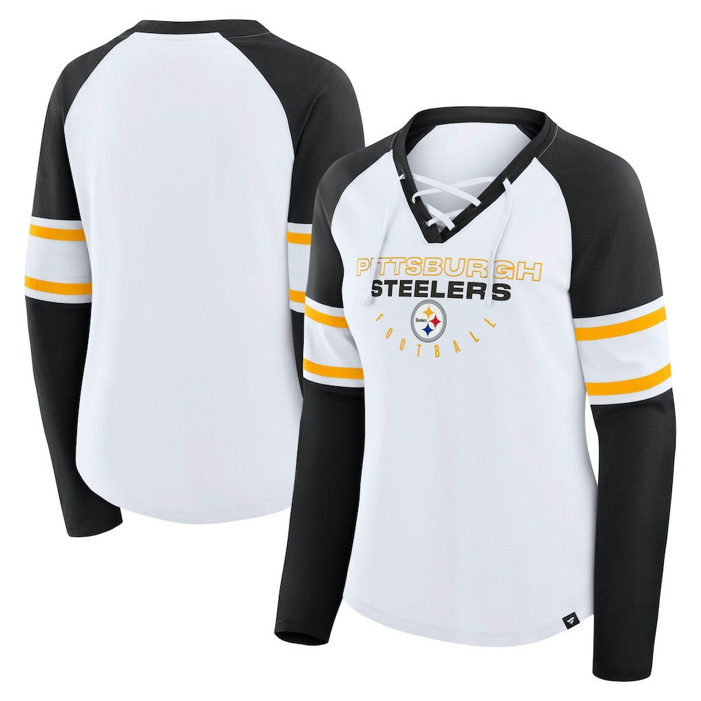 Pittsburgh Steelers Women's Plus Size Redzone Lace Up Long Sleeve T-Shirt White | Fanatics