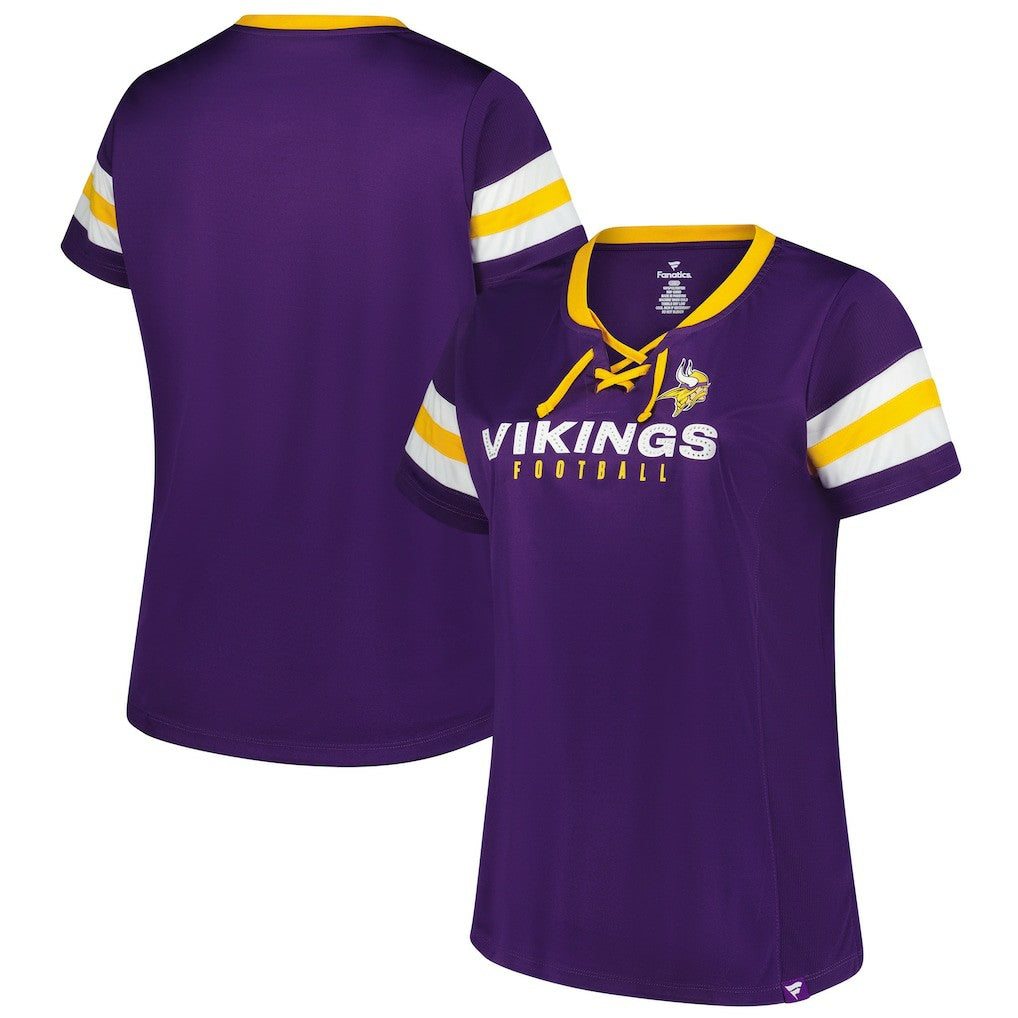 Minnesota Vikings Women's Plus Size Rhinestone Redzone Athena Lace-Up Notch Neck T-Shirt Purple | Fanatics
