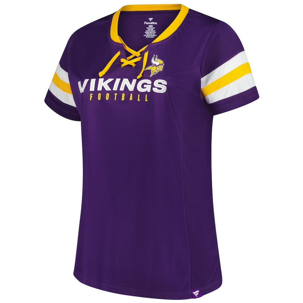 Minnesota Vikings Women's Plus Size Rhinestone Redzone Athena Lace-Up Notch Neck T-Shirt Purple | Fanatics