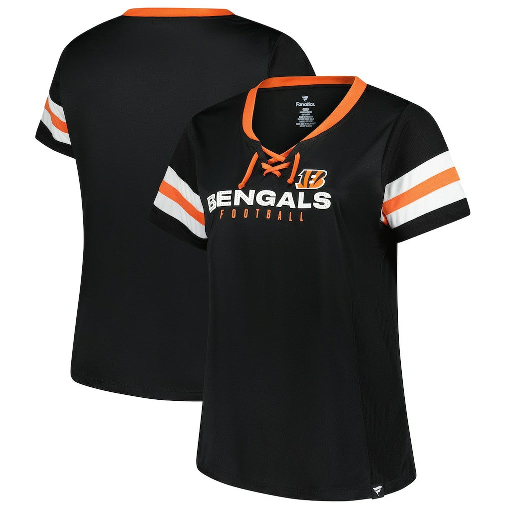 Cincinnati Bengals Women's Plus Size Red Zone Athena Lace-Up V-Notch Neck T-Shirt Black | Fanatics