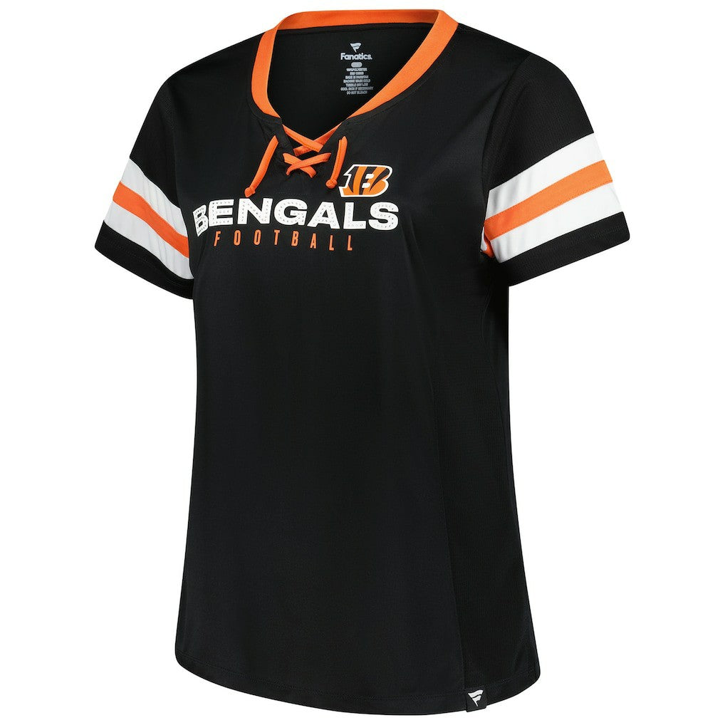 Cincinnati Bengals Women's Plus Size Red Zone Athena Lace-Up V-Notch Neck T-Shirt Black | Fanatics