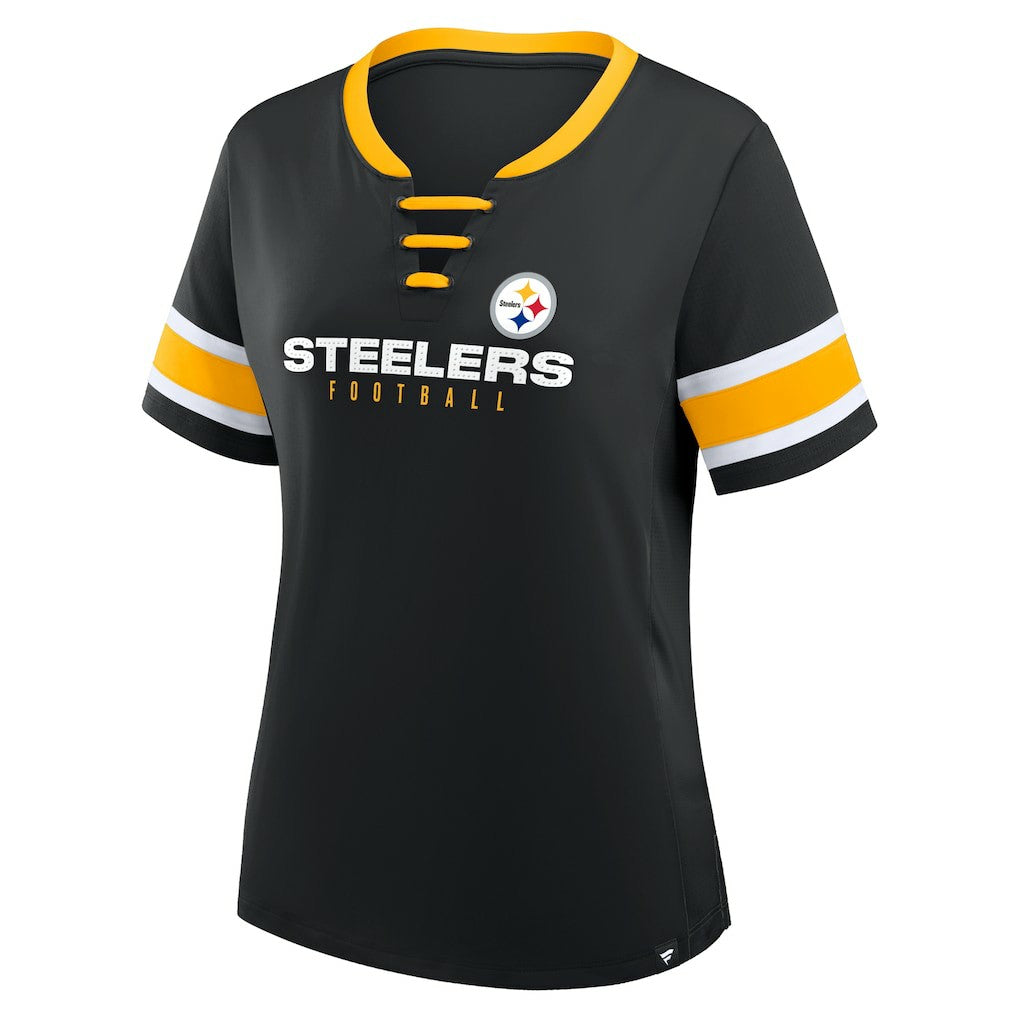 Pittsburgh Steelers Women's Plus Size Red Zone Athena Lace-Up V-Notch Neck T-Shirt Black | Fanatics