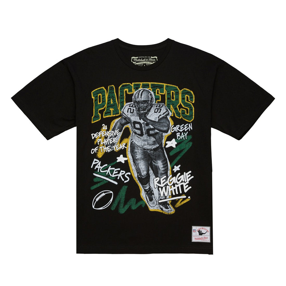 Reggie White Green Bay Packers Chalked Up Player Graphic T-Shirt Black | Mitchell & Ness