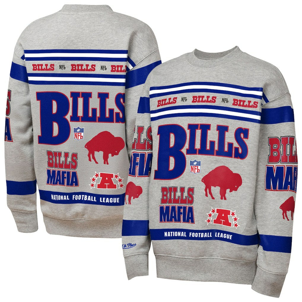 Buffalo Bills Youth Throwback All-Over Print Fleece Sweatshirt Gray | Mitchell & Ness