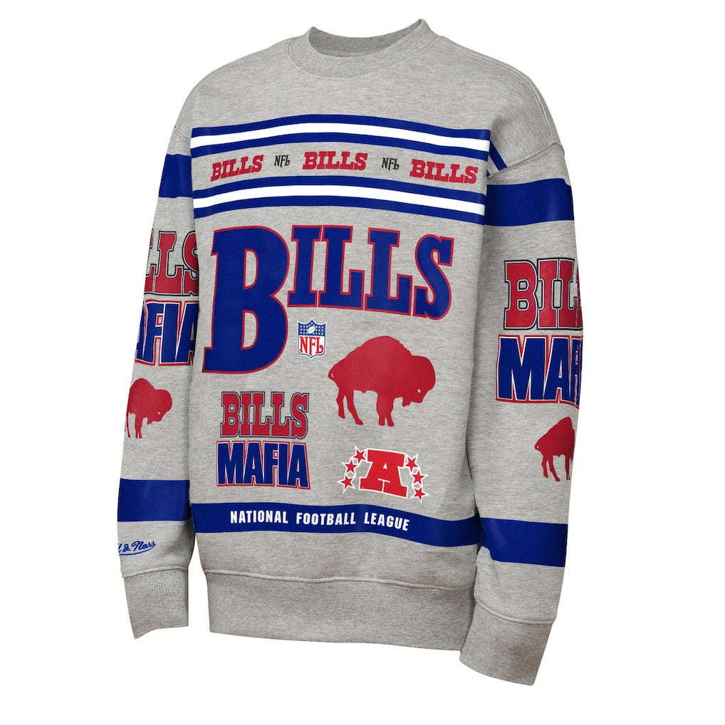 Buffalo Bills Youth Throwback All-Over Print Fleece Sweatshirt Gray | Mitchell & Ness