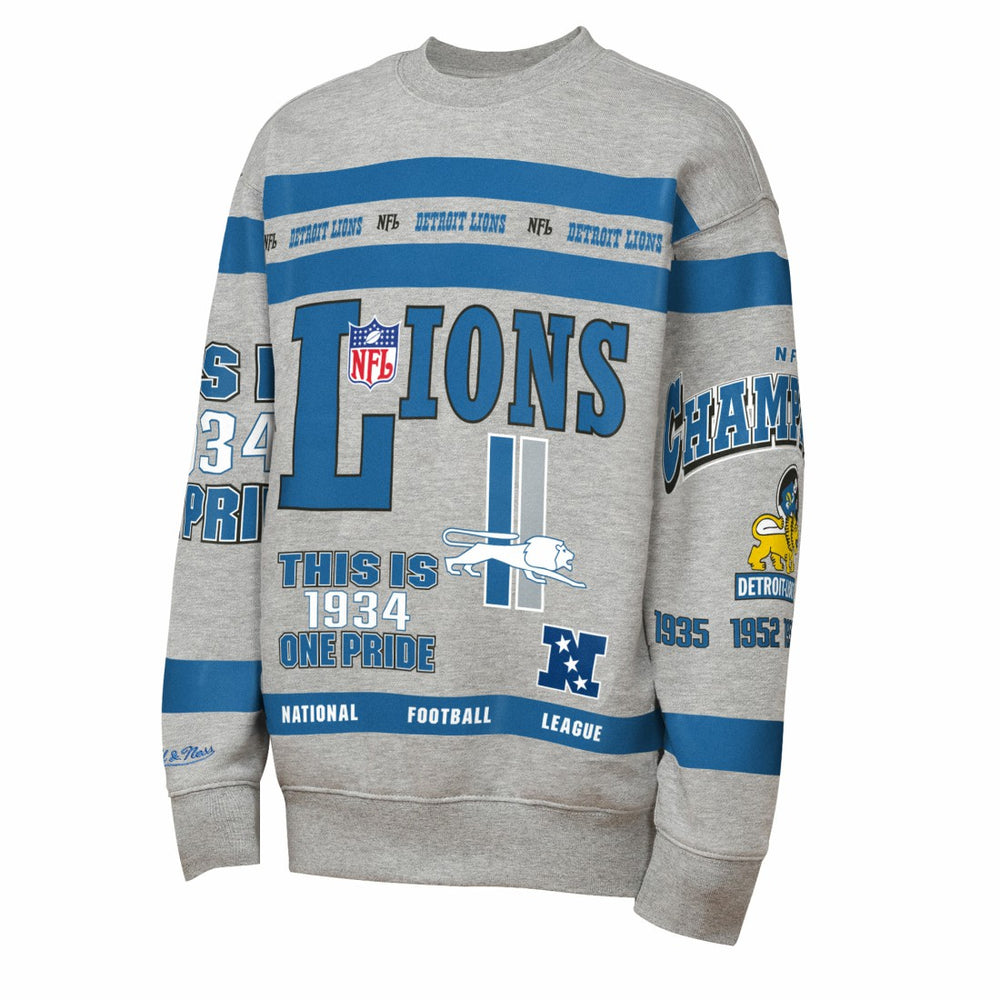 Detroit Lions Youth Throwback All-Over Print Fleece Sweatshirt Gray | Mitchell & Ness