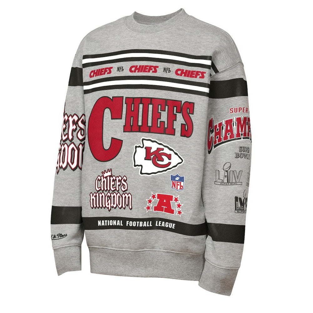 Kansas City Chiefs Youth Throwback All-Over Print Fleece Sweatshirt Gray | Mitchell & Ness