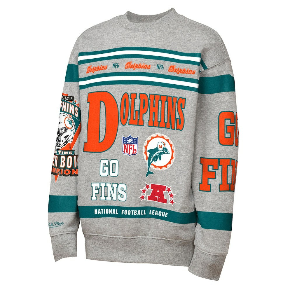 Miami Dolphins Youth Throwback All-Over Print Fleece Sweatshirt Gray | Mitchell & Ness