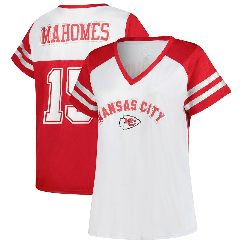 Patrick Mahomes Kansas City Chiefs Women's Plus Size Bling V-Neck T-Shirt White | Fanatics