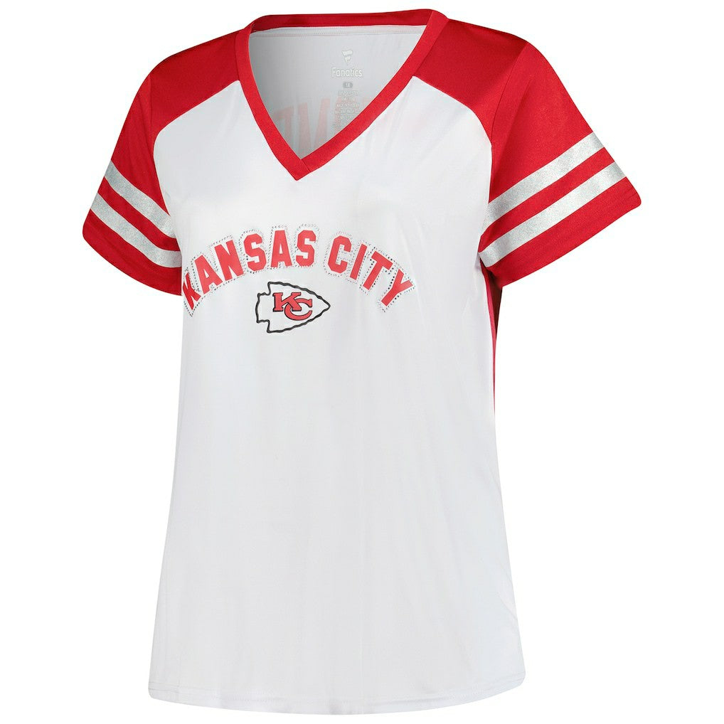 Patrick Mahomes Kansas City Chiefs Women's Plus Size Bling V-Neck T-Shirt White | Fanatics