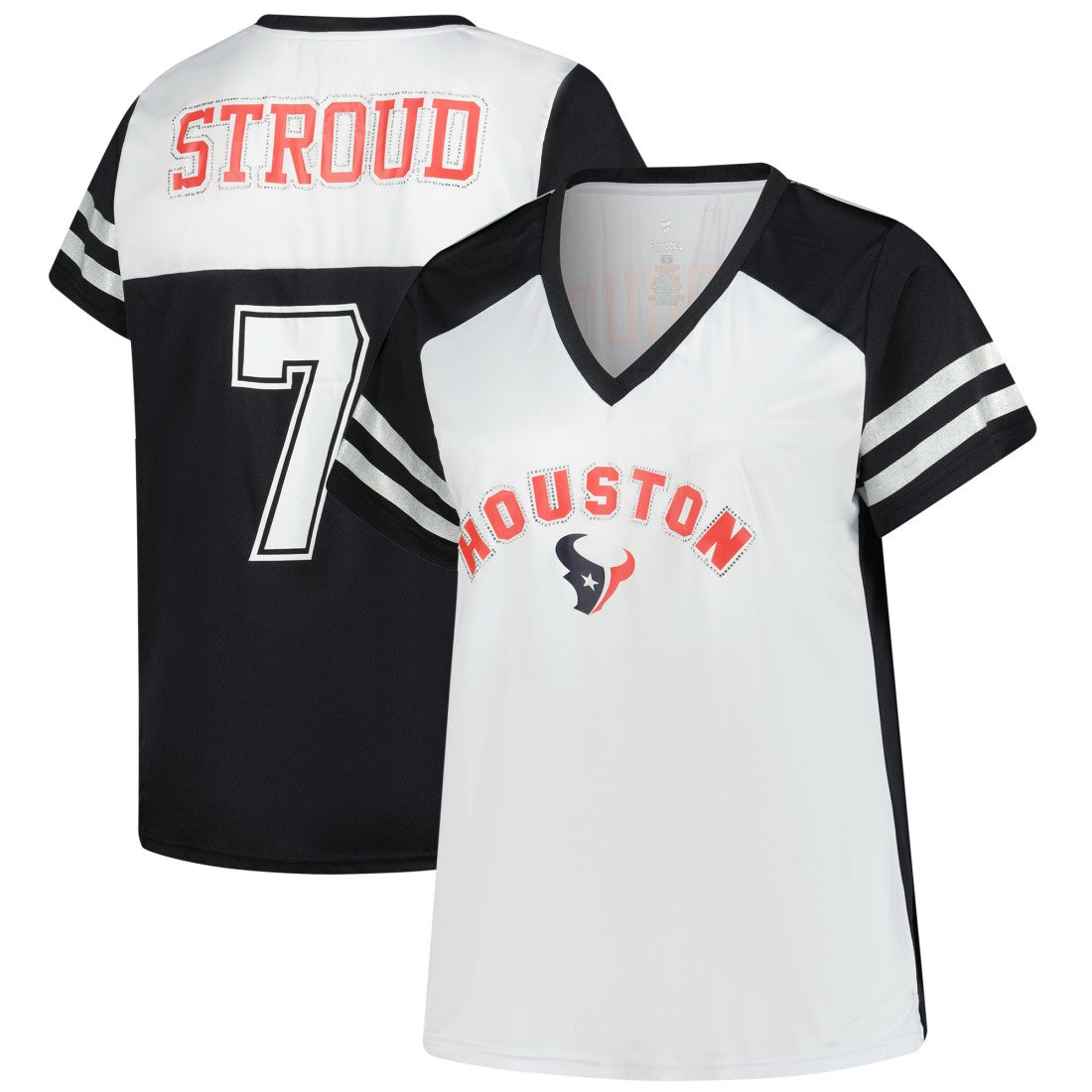 C.J. Stroud Houston Texans Women's Plus Size Bling V-Neck T-Shirt White | Fanatics